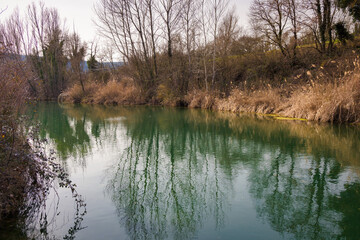 Obraz premium View of the medieval Gothic-style bridge of Santa Maria de Merles, where the river Merles crosses it, a river rich in fluvial fuana. Sta. Maria de Merles, Catalonia, Spain
