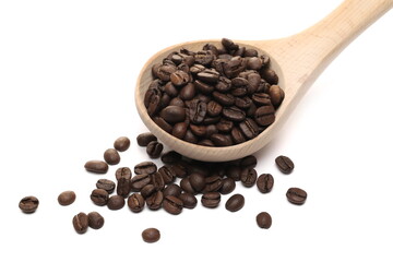 Coffee beans pile with wooden spoon isolated on white background