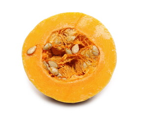 Raw muscat squash half slice with seeds isolated on white background