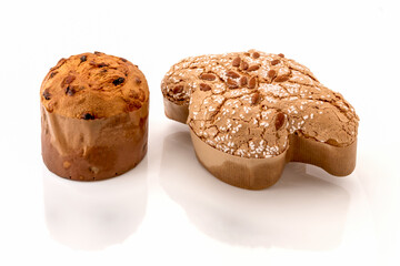 Panettone and Easter dove, traditional Italian Christmas and Easter cakes, isolated on white background
