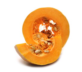 Raw muscat squash slices with seeds isolated on white background