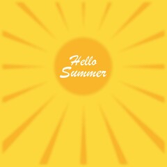 Colored illustration with circle, rays and text on a yellow background. Vector illustration in vintage style for poster, flyer, emblem. Vacation advertising. Hello summer.