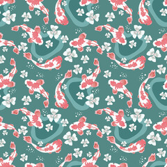 Koi fish cyprinus carpio, seamless vector illustration, scalable to any size. For covers, fabrics, wallpaper, wrapping paper, scrapbooking, notebooks, and more.