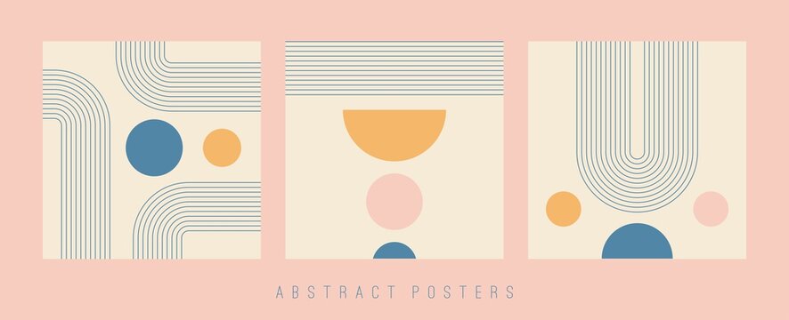 Set of three Abstract Backgrounds. Colorful modern Posters. Circles, Lines, Curves. Geometrical Design. Minimalistic boho elegant concept. Square Patterns. Every poster is isolated