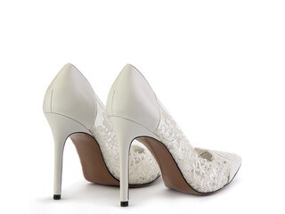 Elegant and stylish wedding high-heeled women shoes. Shoes on high heels with beautiful lace details and silver glitters. Isolated close-up on white background. Back side view. Fashion shoes.