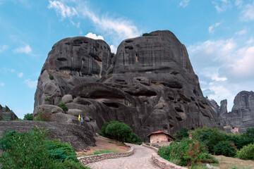 Meteora, rock formation in central Greece. Unique cliffs on high tops of which are Orthodox...