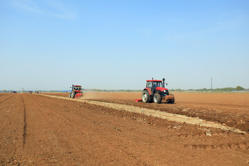 Fototapeta premium Farmers use planters to grow Plastic Mulched peanuts.