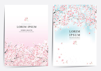 Vector editorial design frame set of spring landscape with cherry trees in full bloom. Design for social media, party invitation, Print, Frame Clip Art and Business Advertisement and Promotion - obrazy, fototapety, plakaty