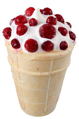 Ice cream in waffle cone with cranberry isolated