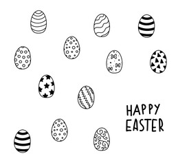 Hand drawn Easter eggs doodle set with lettering. ornament holidays design isolated on white background. Egg ornament sketch