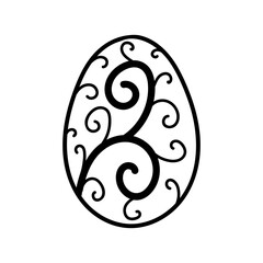 One easter egg with black vignette, scroll ornament on white background. Simple Spring holiday symbols