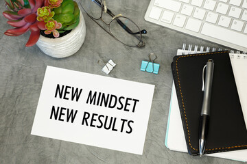 New mindset New results - lettering on paper on the desktop, notepad, pen and keyboard.