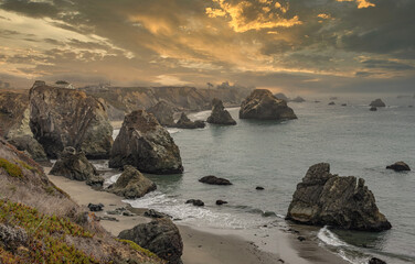 Beautiful landscape, rocks and ocean views along the Pacific Highway in northern California.