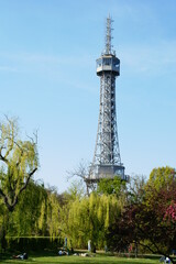 Fototapeta na wymiar Petřín Lookout Tower, inspired by the Eiffel Tower, in Petřín Park, Prague, Czech Republic