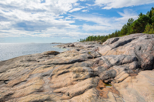View of the rocky shore and Gulf of Finland, Isosaari island, Helsinki, Finland
