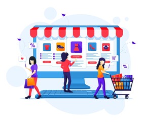 Online shopping concept, People buying products in the online store flat vector illustration