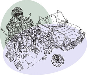 hand drawn mechanic in a protective suit sitting down to rest after disassembling the car
