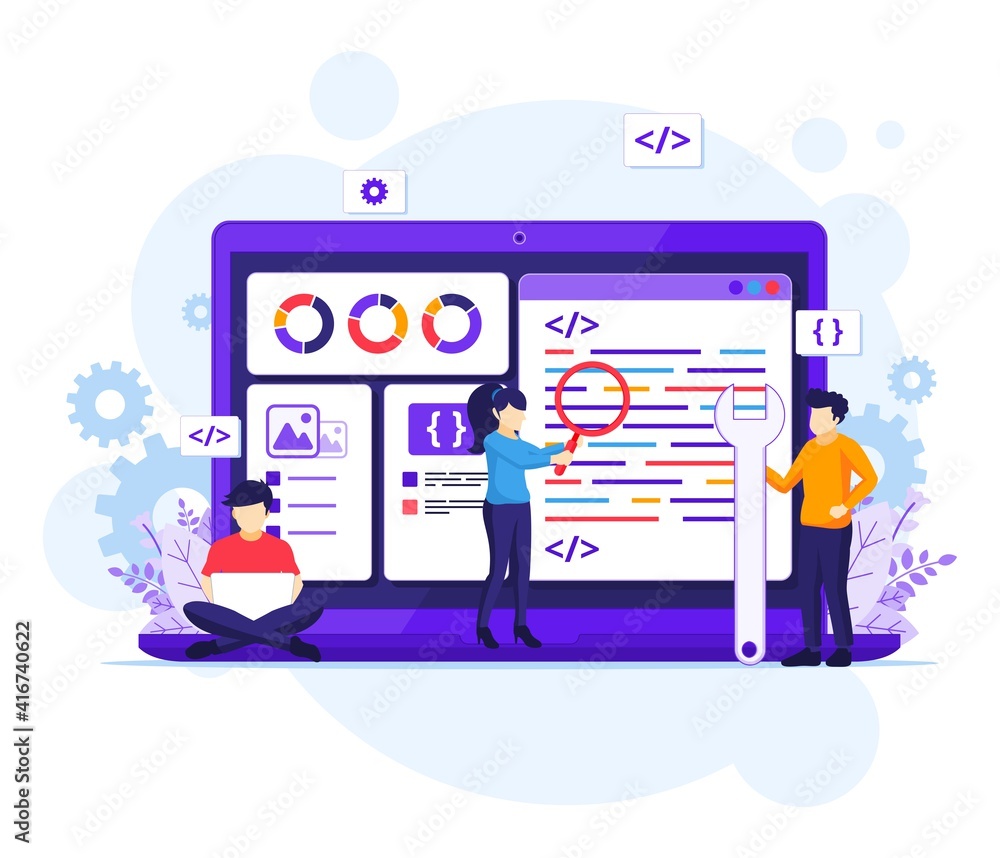 Poster Software Development concept, People work on a giant laptop programming and coding flat vector illustration
