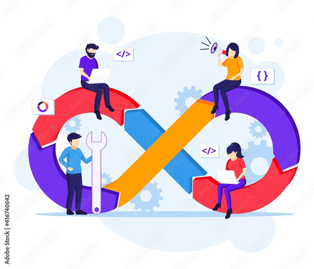 Poster programmers at work concept, software development with characters flat vector illustration