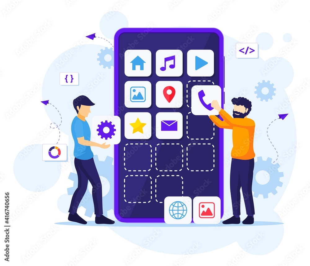 Poster mobile app development concept, people building and create software application on a giant smartphon