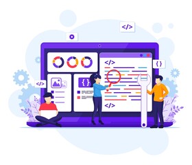 Software Development concept, People work on a giant laptop programming and coding flat vector illustration