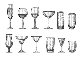 Big vector collection of hand drawn cocktail glasses for different drinks.