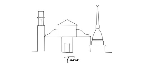 Turin city of Italy landmarks skyline - Continuous one line drawing