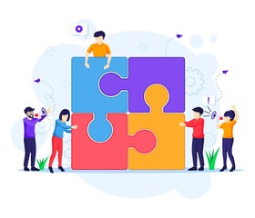 Team work concept, people connecting piece puzzle elements. business leadership, partnership illustration