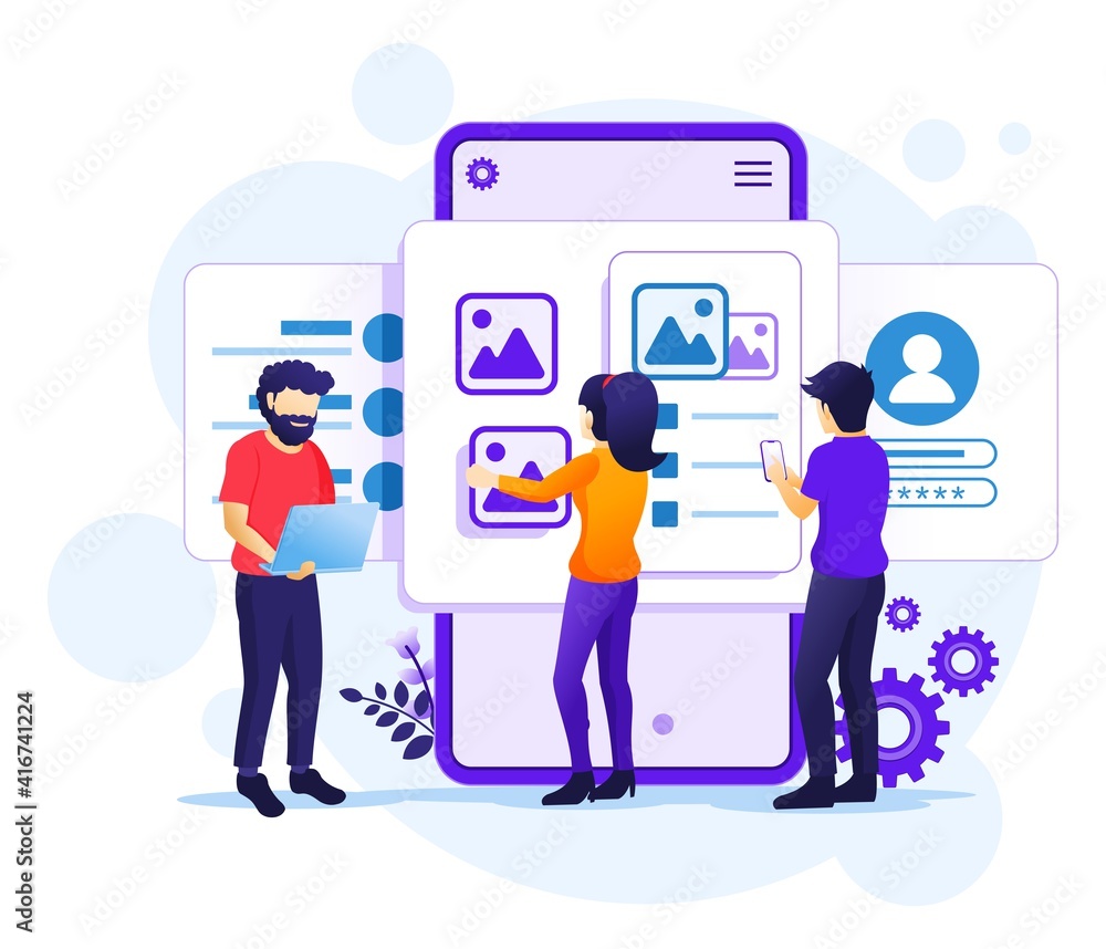 Poster creating an application design concept, people and content text place, ui ux design illustration