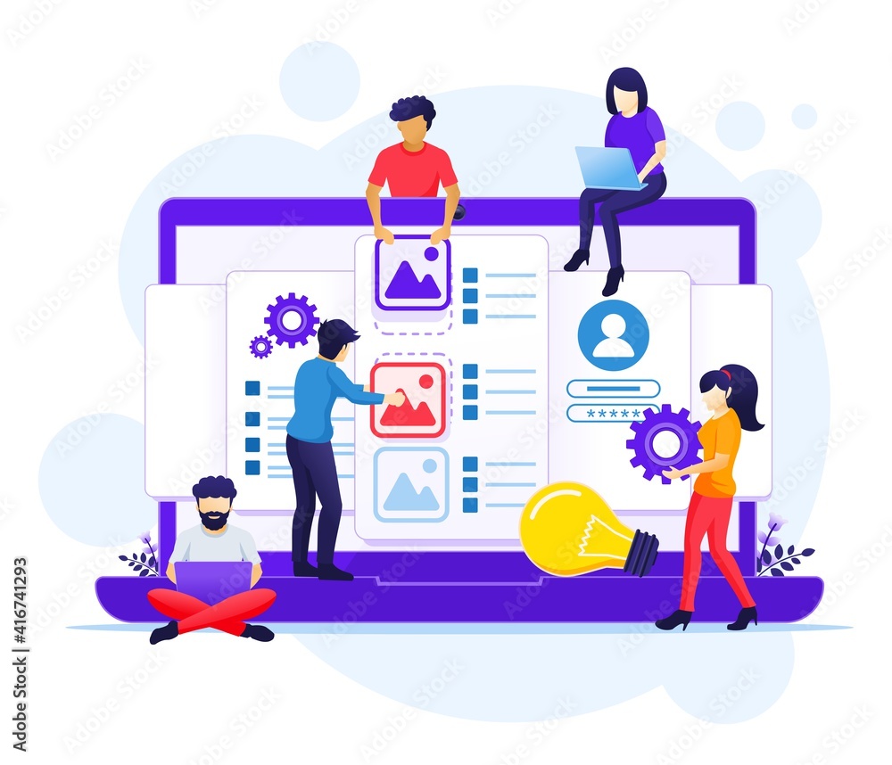 Poster ui ux design concept, people creating an application design, content and text place illustration