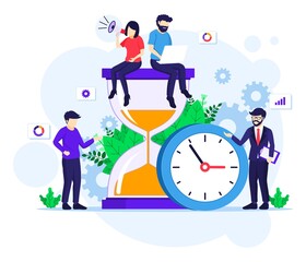 Fototapeta na wymiar Time management concept with people work near a big clock and hourglass flat vector illustration