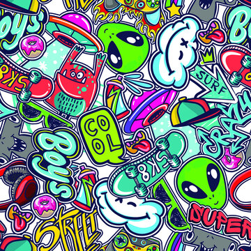 Abstract seamless stickers pattern for boys, teenagers, fashion textile, clothes, wrapping paper. Repeated print with monsters doodle characters, graffiti text,  skate, ufo,
