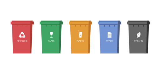 Trash sorting containers. Paper, glass, plastic and organic garbage colourful bins for recycling. Rubbish dustbin set. Waste utilization icons. Save environment and ecology vector concept illustration