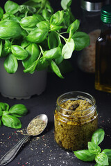 Homemade pesto in a glass jar