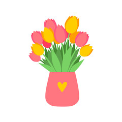 Vector illustration of pink and yellow tulip flowers in a vase with heart symbol. Seasonal bouquet isolated on white background for greeting card, sticker, or social media. 