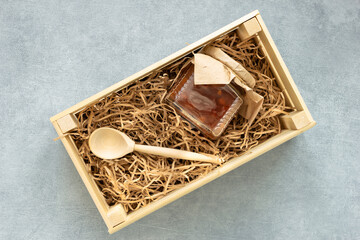 Preparing gift box with homemade apple jam. Zero waste eco friendly