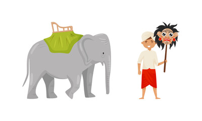 Obraz na płótnie Canvas Bali Symbols and Landmarks with Elephant and Man Holding Monkey Mask on Pole Vector Set