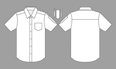 Blank White Short Sleeve Dress Uniform Shirt with One Pocket and Pen Holder Template on Gray Background. Front and Back Views.
