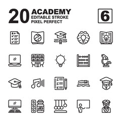 Icon Set of Academy. Outline style icon vector. Editable Stroke and Pixel perfect.