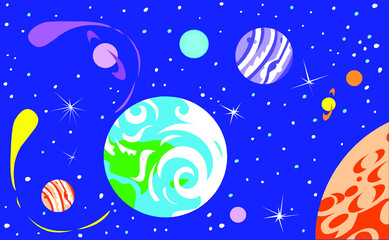 Cosmos illustration with planets, comets and stars in the galaxy