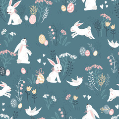 Fototapeta premium Cute hand drawn Easter seamless pattern with lovely bunnies and decoration, great for textiles, banners, wallpaper, wrapping - vector design