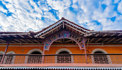 Beautiful building background and blue cloudy sky of fontainhas Goa