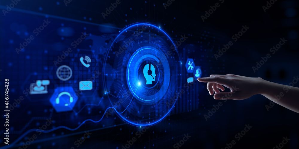 Poster technical support customer service guarantee quality assurance. hand pressing button on virtual scre