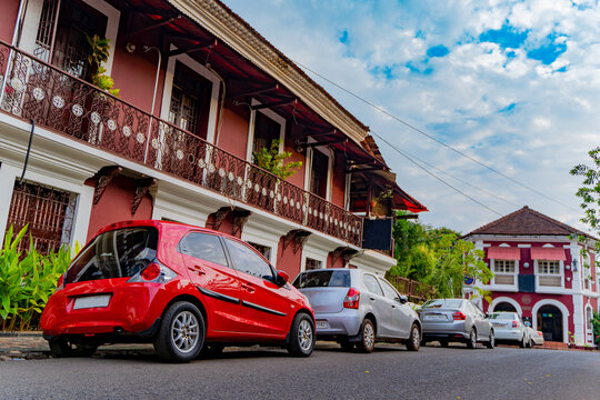Car parked in the beautiful street of Fontainhas Goa