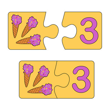 Educational game for kids. Find the right picture for the number. Puzzle with number three and ice creams. Puzzle Game, Mosaic. Type numbers