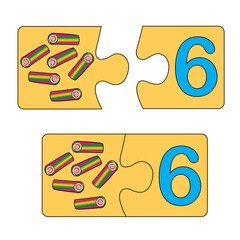 Educational game for kids. Find the right picture for the number. Puzzle with number six and marmalades. Puzzle Game, Mosaic. Type numbers.