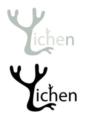 The inscription lichen with a sprig of lichen on a white background