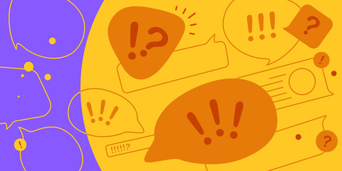 News update, flat vector design with modern elements isolated on bright  violet and yellow background. Urgent news in popular media. Stressful messages and communication. Information overload