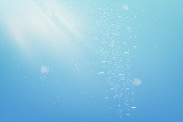 Naklejka na ściany i meble Blue abstract background with sparkles. Water with bubbles and white light shining from sky vector illustration. Magic bright summer wallpaper, poster or celebration card