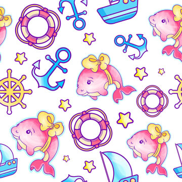 Kid's Vector seamless pattern with pink baby girl dolphin, anchor, ship, helm, life ring, star . Marine theme. Regular background, sweet, childhood, multicolored colors.Printable bright design